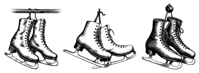 vintage ice skates in black and white engraving style