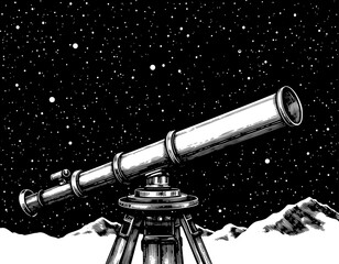 Telescope against a starry sky in woodcut style in black and white,