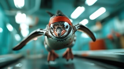 An animated penguin dons a red headband, eagerly soaring forward, creating a whimsical representation of determination and playfulness in a vivid, color-rich environment.