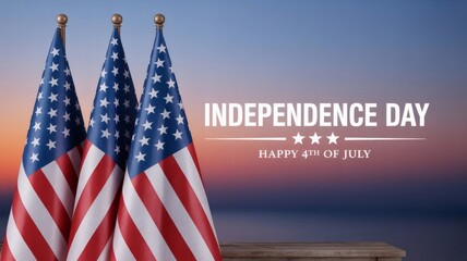 Three american flags at sunset independence day