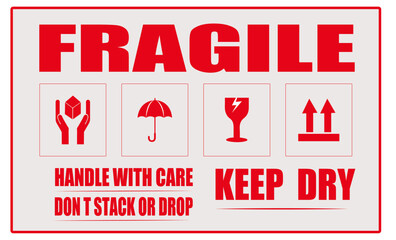 A fragile warning sign with handling instructions and symbols in red on a white background. Fragile shipping label with red icons. Red caution label for packaging. Do not stack or drop warning label