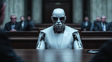 A sleek, humanoid robot sits at a courtroom table, evoking deep thoughts about technology, ethics, and the future of artificial intelligence in our society.