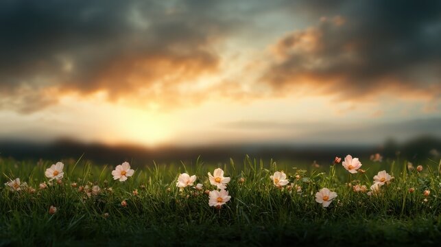 A peaceful landscape featuring blooming flowers in a green meadow against a stunning sunset, creating harmony between nature and the evening sky.