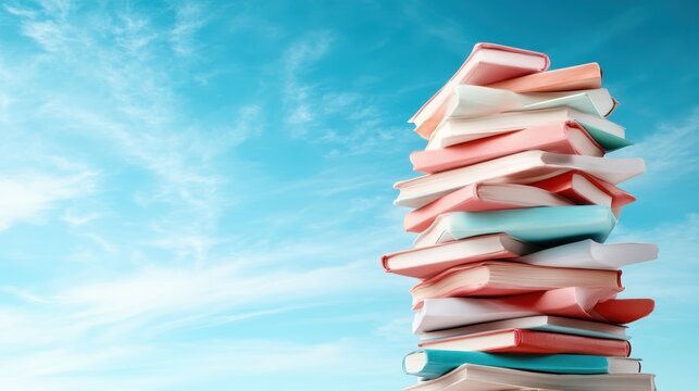 A vibrant tower of stacked books reaching towards a bright blue sky, representing knowledge, imagination, learning, and a visual metaphor for endless possibilities and adventure in literature.