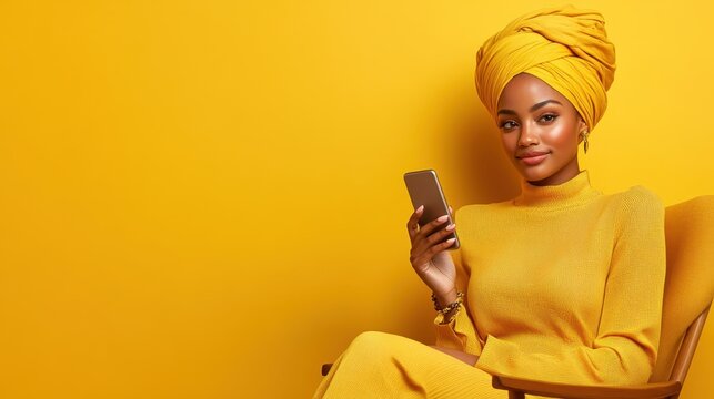 A stylish woman in a vibrant yellow outfit and turban holds a smartphone, radiating confidence and modern fashion against a striking yellow backdrop, ideal for contemporary themes.