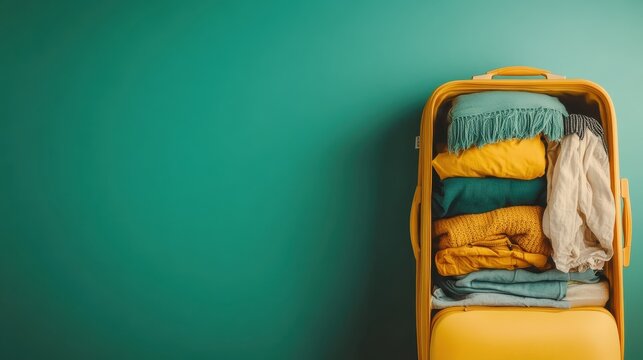 A vibrant yellow suitcase, neatly packed with colorful clothes, symbolizes the excitement of travel and adventure, inviting viewers to explore new destinations and experiences.