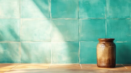 Naklejka premium A beautifully crafted ceramic jar sits against a vibrant teal tile background, showcasing its elegant design that adds a touch of artistry to any space or decor.