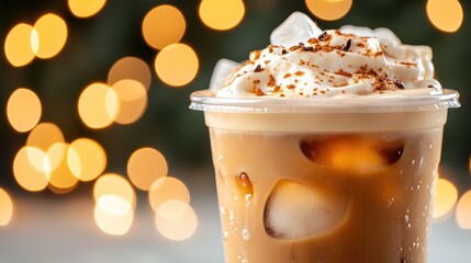 A refreshing iced coffee beverage topped with whipped cream and sprinkled with cocoa stands out against a backdrop of soft bokeh lights, evoking indulgence and relaxation.