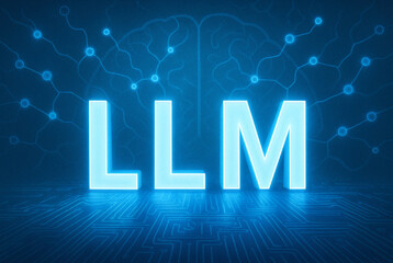 Glowing LLM Letters with Neural Network and Digital Brain Background