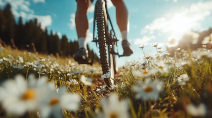 A cyclist pedals through a vivid field of colorful daisies under a bright blue sky, representing adventure and appreciation for nature's beauty in the outdoors.