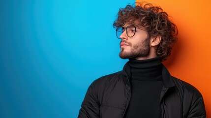 Obraz premium A fashionable young man with curly hair and glasses poses confidently against a vibrant blue and orange background, showcasing contemporary style and artistic flair.