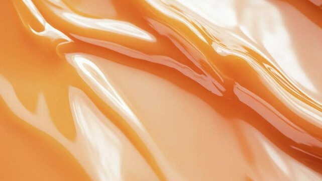 Close-up of caramel sauce flowing, showing its texture and color.