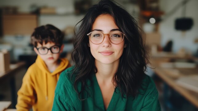 A captivating woman wearing glasses poses in a workshop with a child nearby, embodying creativity and nurturing, showcasing the bond in a professional and artistic setting.