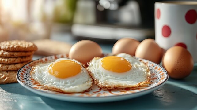 Two sunny-side-up fried eggs sit beautifully on a decorative plate, accompanied by fresh ingredients, representing a wholesome and inviting start to the day.