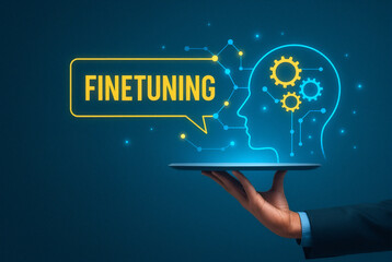 AI Finetuning Concept with Human Profile and Gear Icons on Digital Interface
