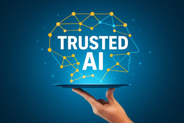 Trusted AI Concept with Human Head and Neural Network on Blue Background