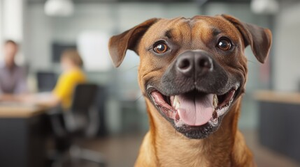 A cheerful dog posing in a contemporary office setting, radiating happiness and positivity, showcasing the bond between pets and humans in a modern work environment.