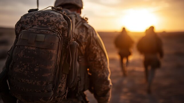 Three soldiers march together towards a glowing sunset horizon, symbolizing camaraderie, duty, and the steadfastness inherent in military service and teamwork. - Powered by Adobe