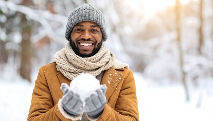 Happy man holding snowball with winter.
