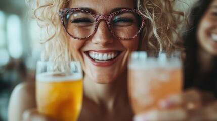 A joyful woman with curly hair beams as she raises two colorful glasses, capturing the essence of happiness and celebration in a vibrant social setting.