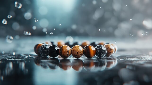 A stunning bracelet made of polished beads glistens amidst splashes of water, creating a captivating visual that highlights the beauty of jewelry and craftsmanship.