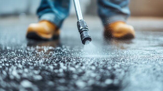 A focused individual uses a pressure washer to clean a wet surface, highlighting the importance of cleanliness and maintenance in everyday life.