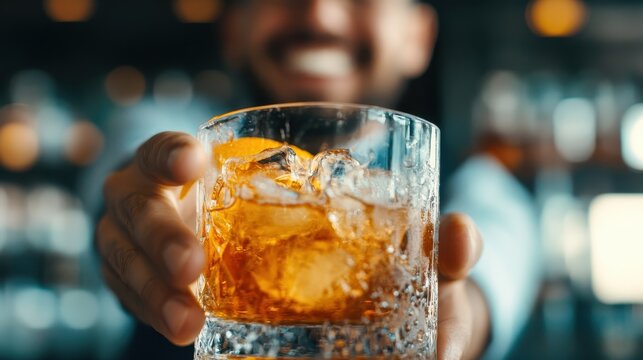 A beautifully crafted cocktail served in a crystal glass, highlighting ice cubes and an orange slice, perfect for a relaxing atmosphere and a delightful experience.