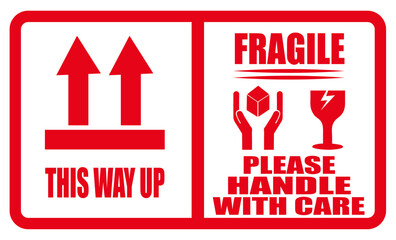 A red and white shipping label with arrows and a fragile handle with care message on a white background. Fragile package label in red. This way up caution sign. Handle with care red icon label