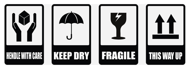 Black and white shipping handling label signs showing care fragile dry and direction information. Black fragile shipping symbol set. Transport warning labels in black. Fragile signs with package icons
