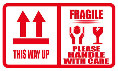 A red and white shipping label with arrows and fragile handle with care instructions printed on it. Red fragile warning label for shipping. This way up and fragile sign