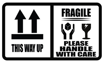 A black and white sign indicating fragile items and this way up for shipping and handling boxes. Black fragile shipping warning label. This way up transport sign. Black and white shipping label set