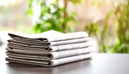 Newspaper Stack with Table, and Green Background.