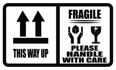 Black and white shipping label with arrows and fragile handle with care instructions shown. Teamwork signage in office. Business rule infographic. Corporate guideline visual