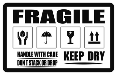 A fragile packing label with handling instructions and symbols in black and white colors. Fragile icon shipping label. Handle with care label print. Do not drop warning label 
