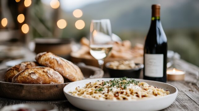 A beautifully arranged table featuring a delicious pasta dish, fresh bread, and a bottle of wine, inviting warmth and a sense of delightful culinary experience.