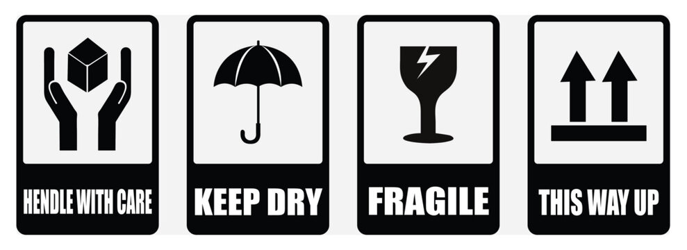 Black and white shipping handling label signs showing care fragile dry and direction information. Black fragile shipping symbol set. Transport warning labels in black. Fragile signs with package icons