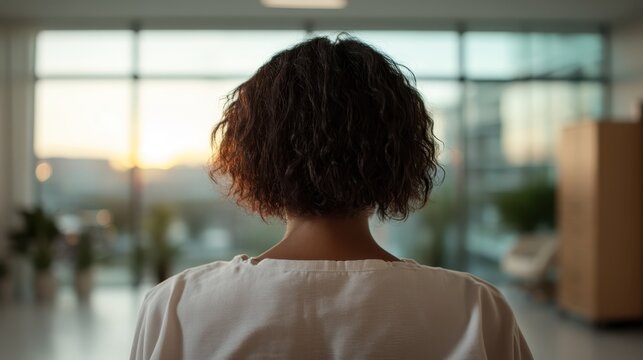 A woman's silhouette against a bright sunset signifies reflection and contemplation, inviting thoughts of hope and introspection in a peaceful environment.