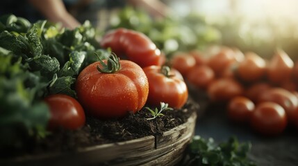 Juicy red tomatoes freshly picked from the earth, resting among vibrant green foliage, showcasing the rewards of gardening and the beauty of nature's bounty.