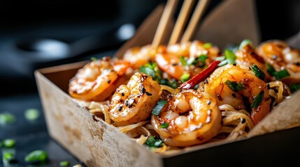 A beautifully arranged bowl of shrimp stir-fry served with vibrant vegetables, showcasing an appetizing blend of colors and flavors that tantalize the senses and evoke culinary delight.
