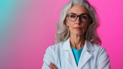 A confident older woman wearing glasses and a lab coat, representing wisdom and expertise in a healthcare or scientific setting, conveying professionalism and trust.
