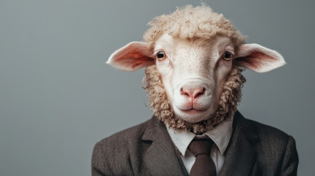 An imaginative portrayal of a sheep-headed businessman, blending the surreal with corporate themes, emphasizing ideas of identity, society, and abstract representation of norms.