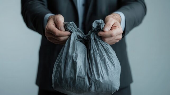 A businessman holding a garbage bag symbolizes responsibility towards waste management and environmental care, reflecting the importance of sustainability in modern corporate practices.