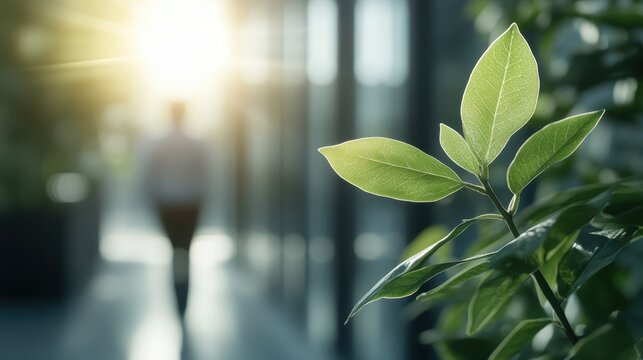 A close-up of vibrant green leaves against a blurred office background illuminated by warm golden sunlight, radiating tranquility in a serene work environment.