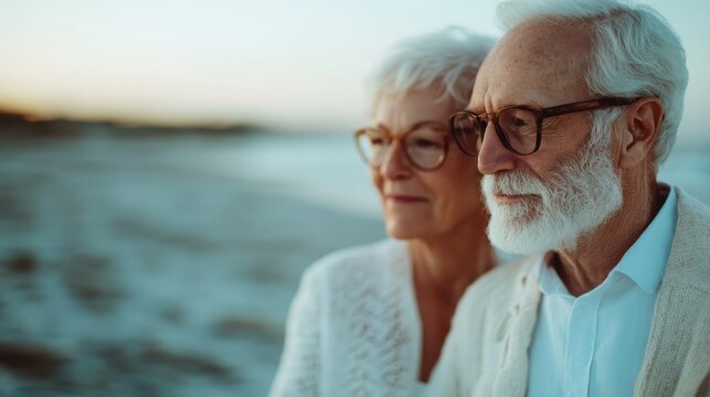 An elderly couple holding each other while gazing thoughtfully at the peaceful beach at sunset, capturing the essence of love, companionship, and shared memories in their demeanor.