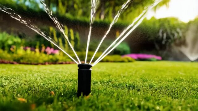 Sprinkler head irrigating green lawn with water streams in a backyard garden with soft natural light and blurred background of bushes