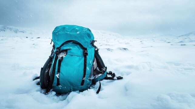 A turquoise backpack left in a snowy, mountainous landscape, symbolizing adventure and exploration in harsh winter conditions, waiting for the next journey. - Powered by Adobe