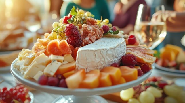 A vibrant cheese platter beautifully arranged with various cheeses, fresh fruits, and cured meats, perfect for a casual gathering or a festive occasion.