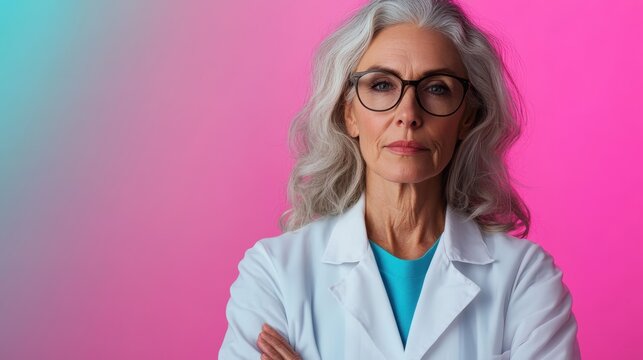 A confident older woman wearing glasses and a lab coat, representing wisdom and expertise in a healthcare or scientific setting, conveying professionalism and trust.