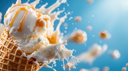 An exciting and dynamic shot of an ice cream cone as it splashes, with droplets of cream wonderfully captured in motion, creating an irresistible and refreshing summer treat.
