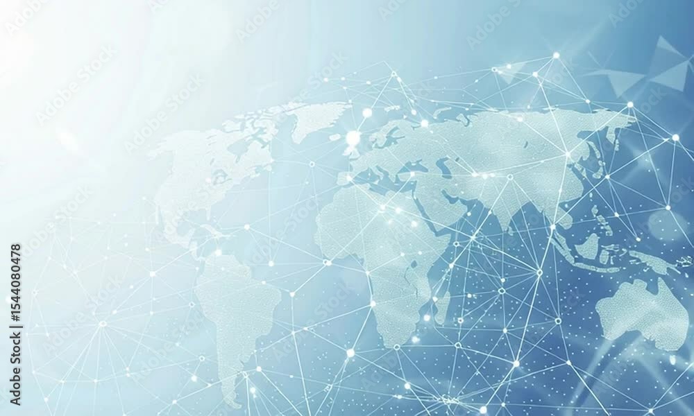 Poster a light blue background with a digital world map and global network connections, representing the co